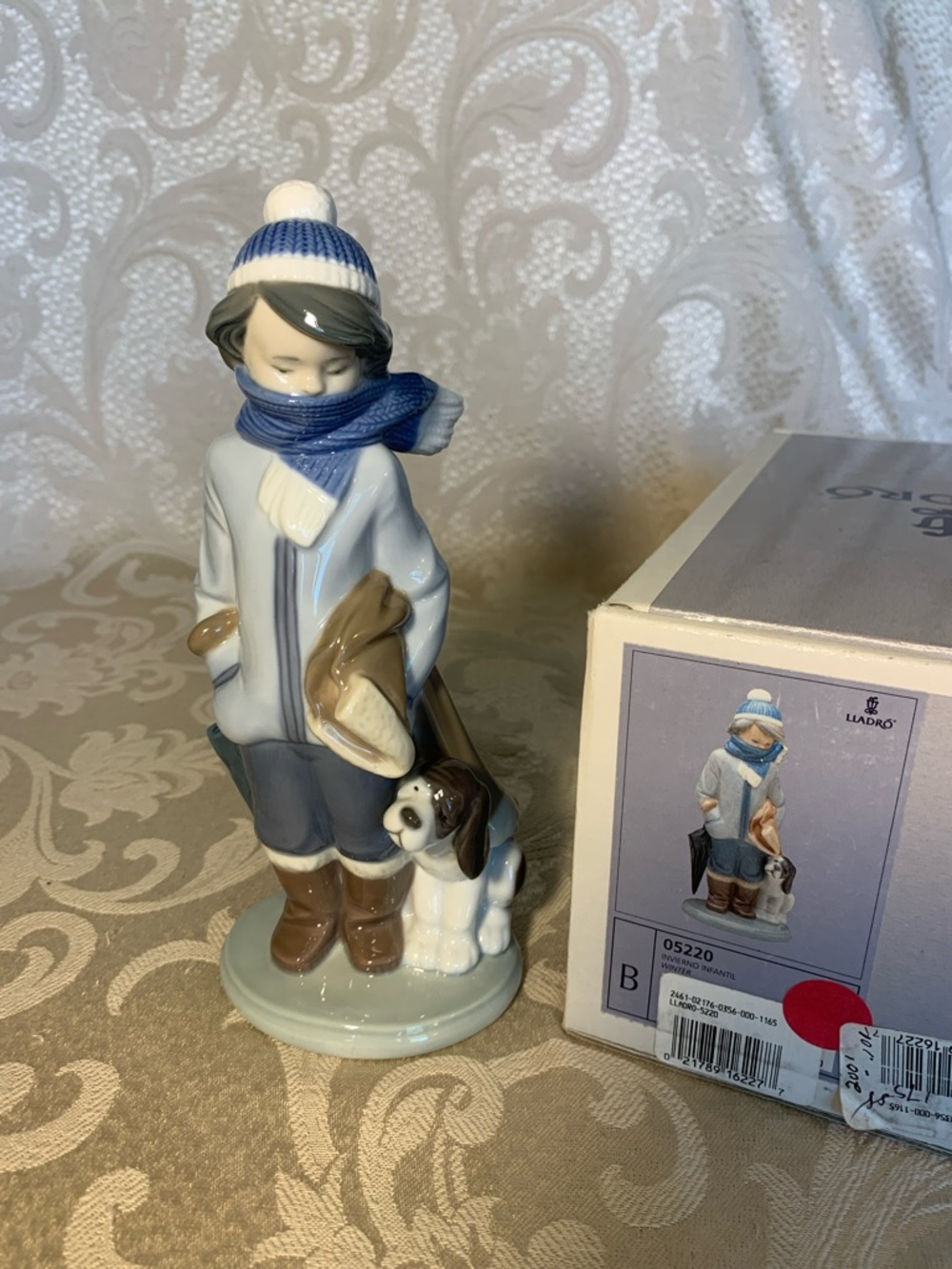 Lladro Porcelain Boy with Dog Figurine in Blue, White and Brown